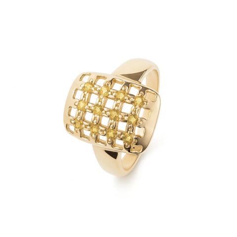 MARGOVA Honey 14k recycled yellow gold statement ring featuring a honeycomb design with round yellow citrine gemstones.