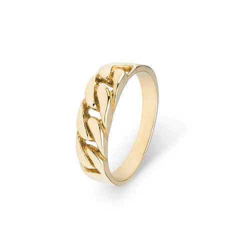 A 14k yellow gold ring with a curb chain style design on the front and a glossy polished surface.