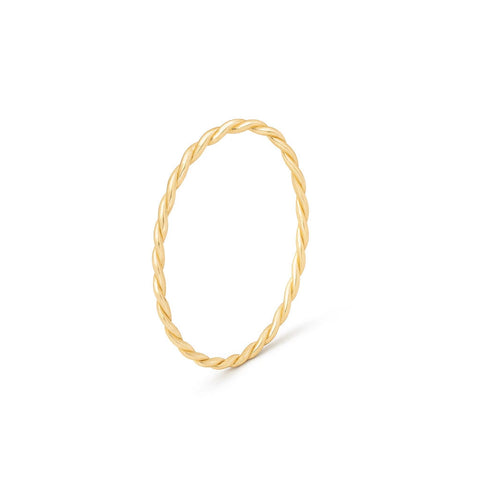 Delicate TWISTY ring in 14k yellow gold with hand twisted cord design and fine 1mm wire band, styled as a minimal everyday stacking ring by MARGOVA.