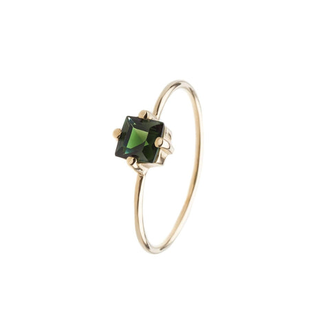 Recycled solid 14k yellow gold ring with green tourmaline on carre 4.5mm setting and 0.9mm signature fine wire band.