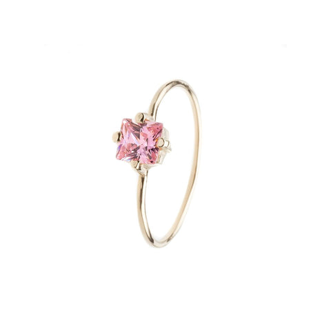 Recycled solid 14k yellow gold ring with pink tourmaline Carre 4.5mm on a 0.9 mm fine wire band.