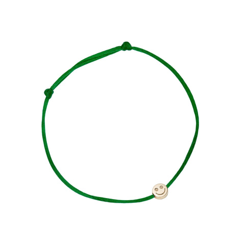 Custom made bracelet with Smiley 14k solid yellow gold charm on colored 1mm satin silk or metallic cord, onesize, handmade in our studio.