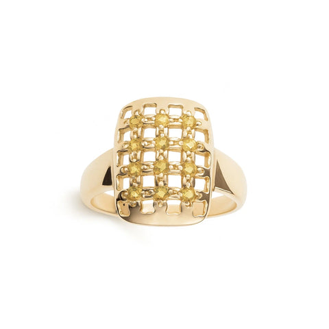 A 14k yellow gold ring with a honeycomb pattern of round yellow citrine gemstones on a white background.