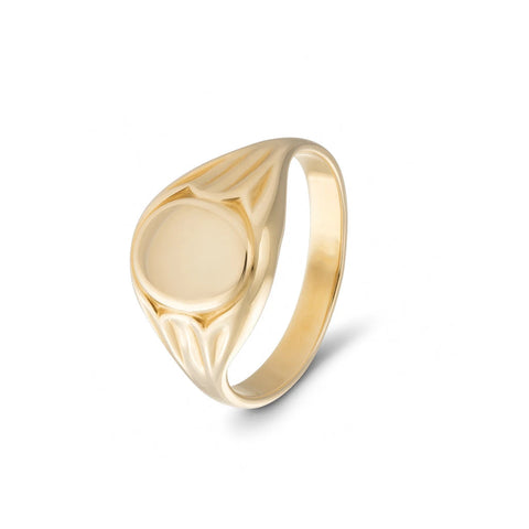 A solid 14k yellow gold signet ring with a polished center and ribbed shoulders, featuring a smooth glossy finish.