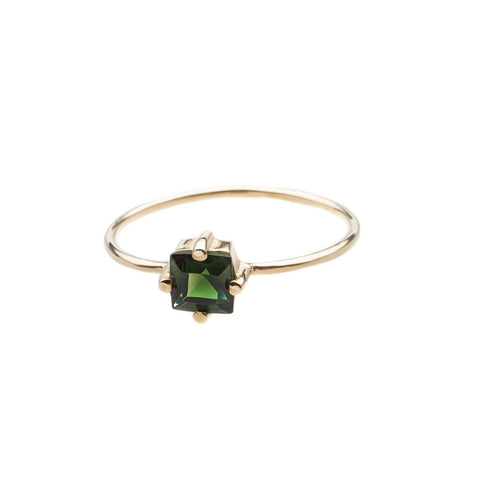Recycled solid 14k yellow gold ring with green tourmaline on carre 4.5mm setting and 0.9mm signature fine wire band.
