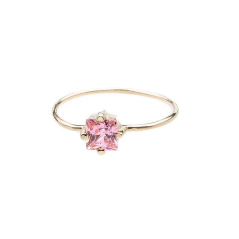 Recycled solid 14k yellow gold ring with pink tourmaline Carre 4.5mm on a 0.9 mm fine wire band.