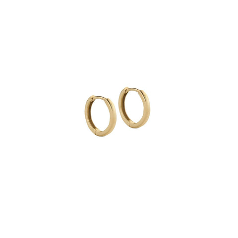 Mini huggie earring set in 14k yellow gold. Glossy polished surface with a size of 11x1.6 mm. 