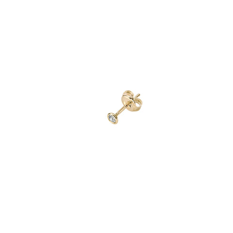 Delicate 14k yellow gold stud earring with 1 W/SI diamond or white zirconia, polished surface and 2.5mm gem. Made in Germany. 