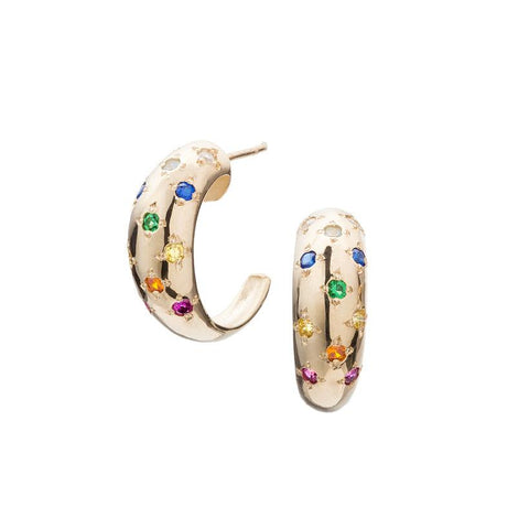 Stud statement earrings with recycled solid 14k yellow gold and gemstone rainbow of ruby, fire opal, yellow sapphire, emerald, blue sapphire, aquamarine, and white sapphire, with a glossy polished surface. 