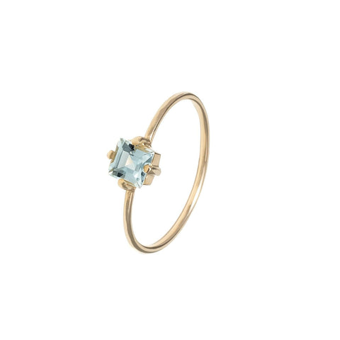Aquamarine Carre Ring with recycled 14k yellow gold and 4.5mm stone on fine wire band.