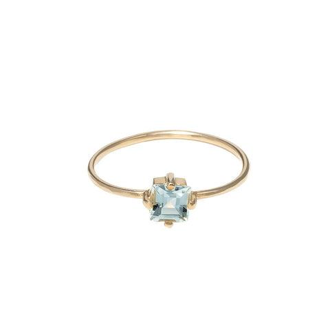 Aquamarine Carre Ring with recycled 14k yellow gold and 4.5mm stone on fine wire band.