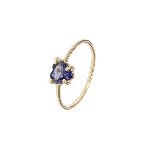 Recycled solid 14k yellow gold ring with 7mm Iolite Heart on 0.9 mm fine wire band, featuring a glossy polished surface. 