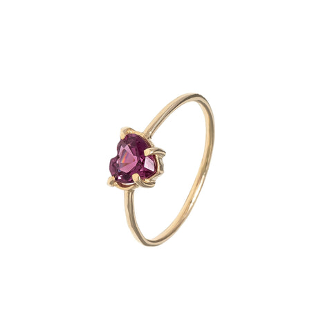 Rhodolite Heart Ring made from Recycled 14k Solid Yellow Gold with a Glossy Polished Surface on a 0.9mm Signature Fine Wire Band. 