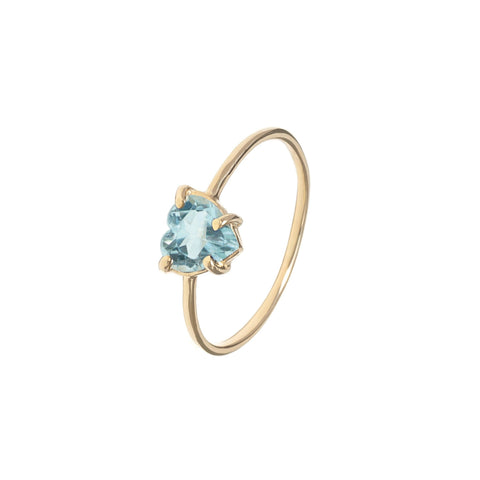 Recycled 14k yellow gold ring with Aquamarine Heart on fine wire band